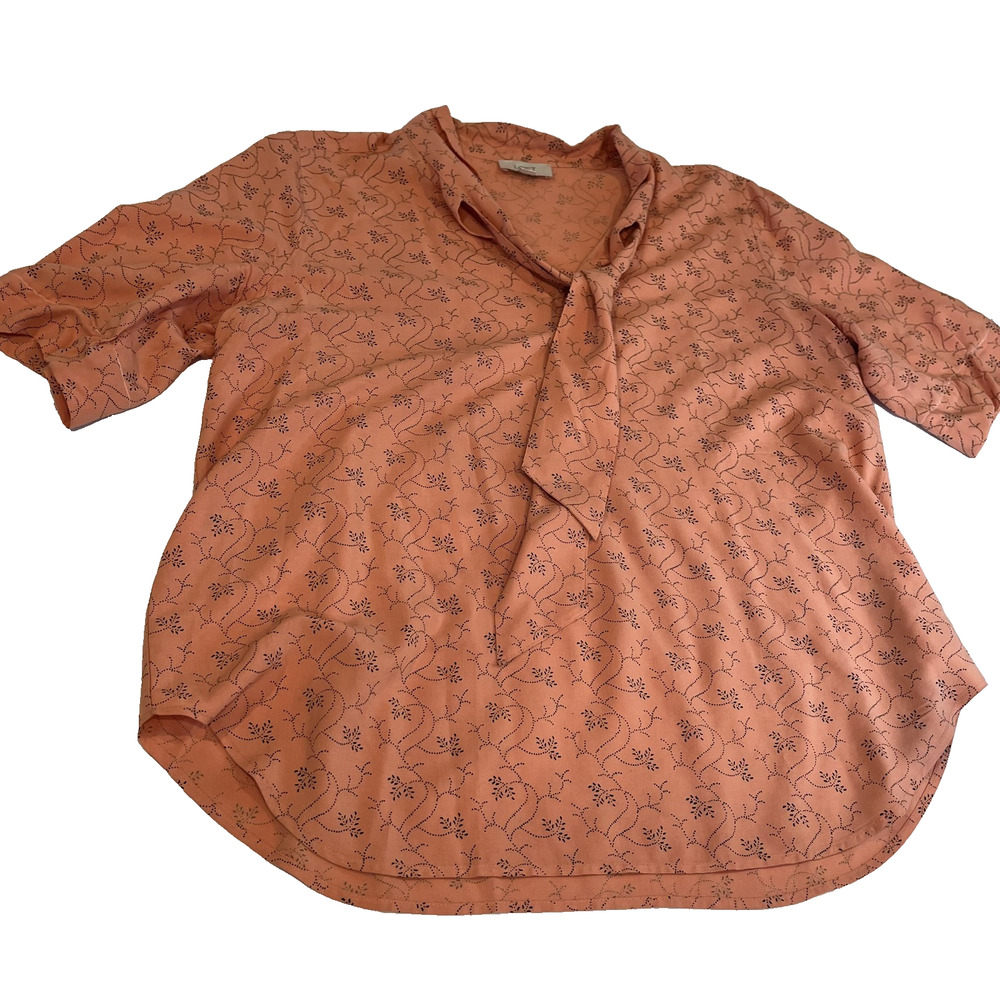 LOFT Floral Blouse Orange Tie Neck Short Sleeve Casual Top L